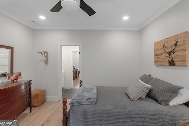 bedroom featuring ceiling fan, recessed lighting, ornamental molding, and wood finished floors