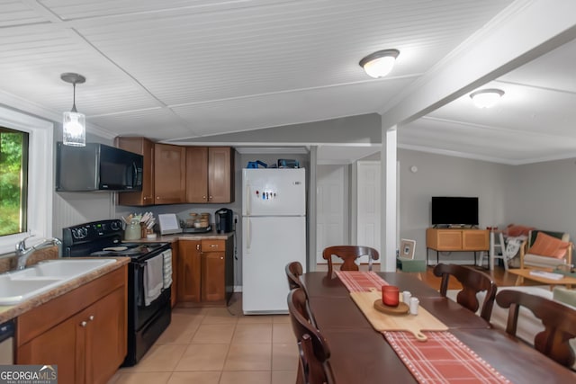 kitchen featuring light tile patterned floors, brown cabinets, black appliances, and a sink