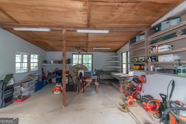 garage with wood ceiling and a ceiling fan