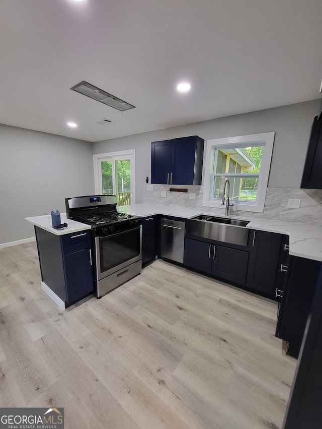 kitchen featuring light wood-style flooring, a sink, a peninsula, backsplash, and appliances with stainless steel finishes