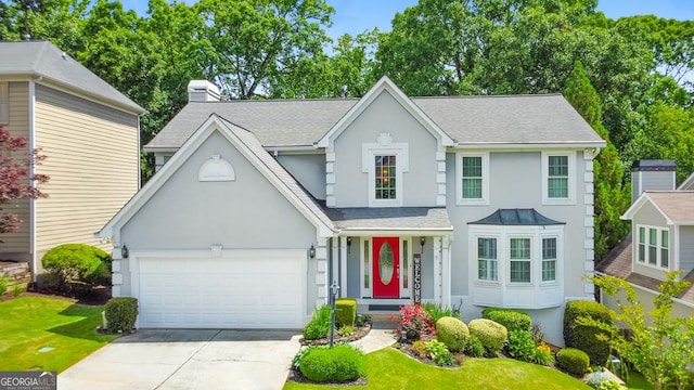traditional-style home with stucco siding, driveway, roof with shingles, and a garage