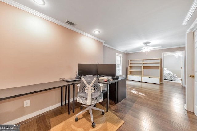 office with crown molding, a ceiling fan, baseboards, wood finished floors, and recessed lighting