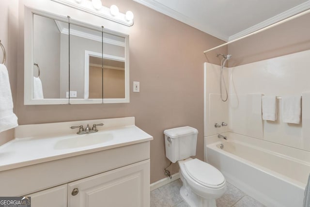 bathroom featuring toilet, vanity, baseboards, shower / bath combination, and tile patterned floors