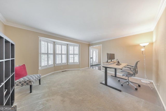 office space featuring crown molding, carpet flooring, and baseboards
