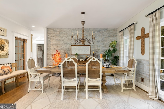 505 River Ridge Rd, Clarkesville, GA 30523 - dining space with brick wall, a chandelier, and recessed lighting