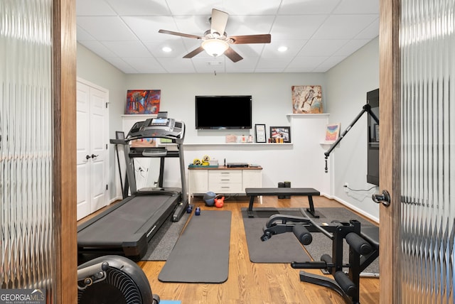 505 River Ridge Rd, Clarkesville, GA 30523 - workout area with a drop ceiling, wood finished floors, and ceiling fan