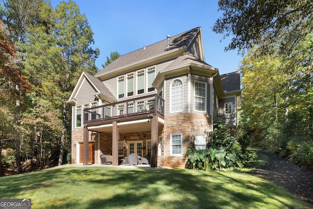 505 River Ridge Rd, Clarkesville, GA 30523 - back of property with stone siding, a patio, french doors, a balcony, and a yard