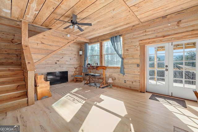 164 Delilah Ln, Lakemont, GA 30552 - interior space featuring wood ceiling, wooden walls, wood finished floors, and a ceiling fan