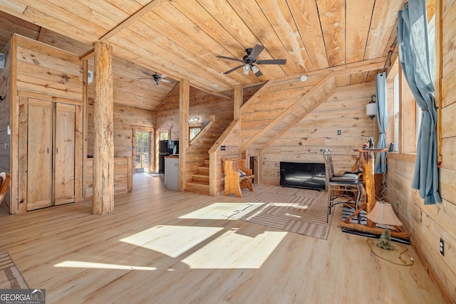 164 Delilah Ln, Lakemont, GA 30552 - unfurnished living room featuring wood ceiling, wooden walls, and wood finished floors