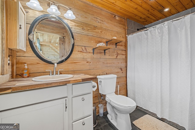 164 Delilah Ln, Lakemont, GA 30552 - bathroom featuring toilet, a shower with curtain, wooden ceiling, wooden walls, and vanity