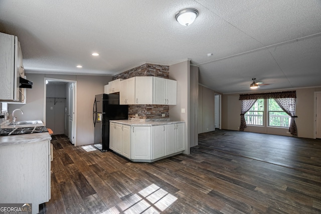 kitchen with freestanding refrigerator, dark wood-type flooring, under cabinet range hood, crown molding, and a ceiling fan
