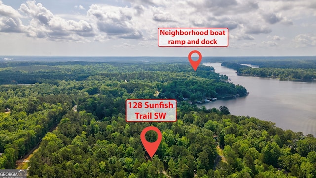 aerial view with a water view and a view of trees