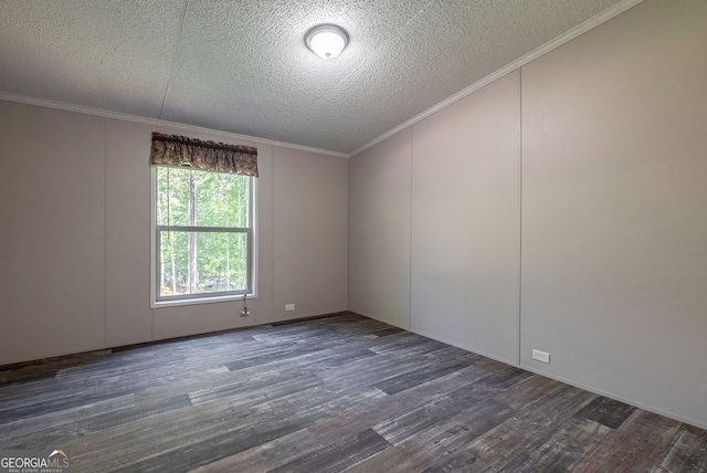 unfurnished room featuring crown molding, a textured ceiling, and wood finished floors