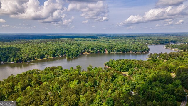aerial view with a water view and a forest view