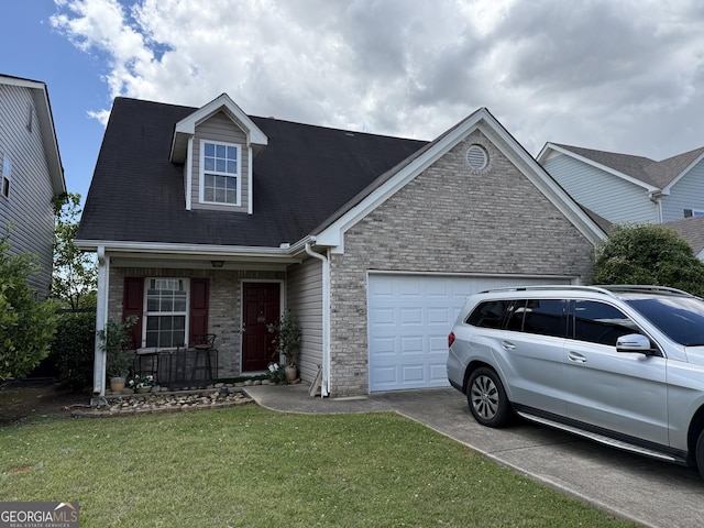 view of front of house with a porch, an attached garage, brick siding, concrete driveway, and a front lawn