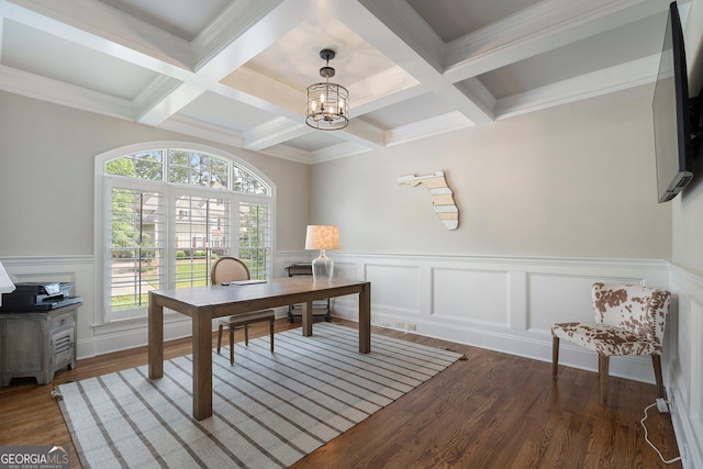 office featuring coffered ceiling, a chandelier, beamed ceiling, dark wood finished floors, and wainscoting