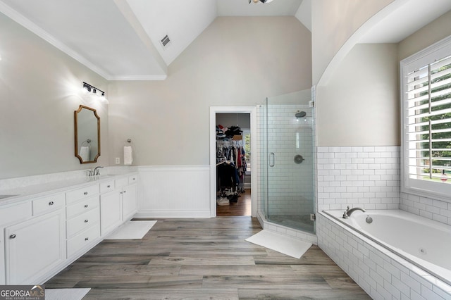 bathroom featuring a stall shower, a bath, vanity, wainscoting, and wood finished floors