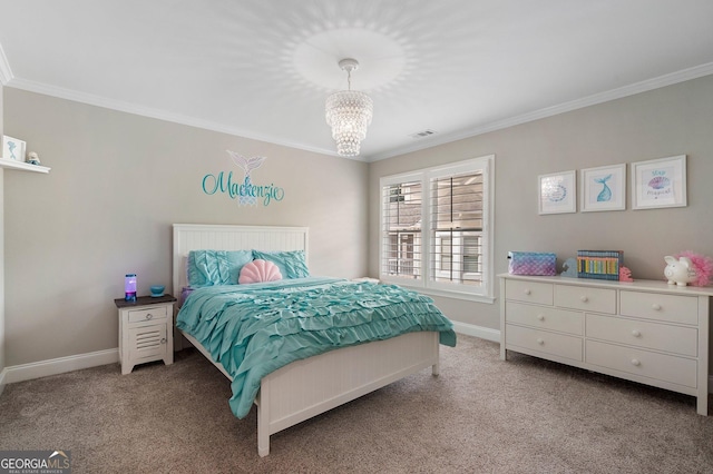 carpeted bedroom with ornamental molding, a chandelier, and baseboards