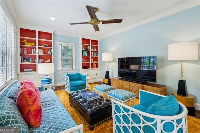 3086 Pine Valley Rd, Atlanta, GA 30305 - living room with ornamental molding, a ceiling fan, baseboards, wood finished floors, and built in shelves