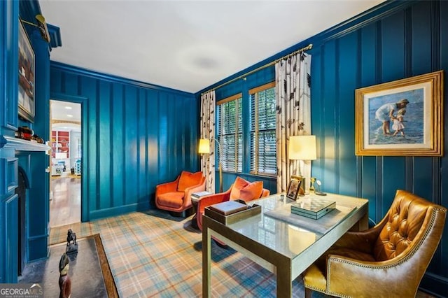 3086 Pine Valley Rd, Atlanta, GA 30305 - living area with a decorative wall, ornamental molding, and carpet floors