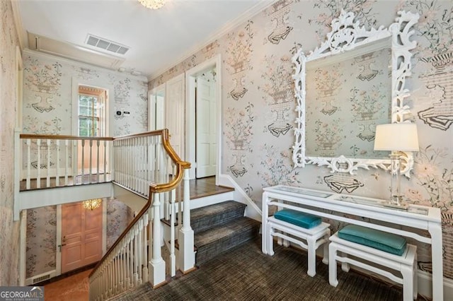 3086 Pine Valley Rd, Atlanta, GA 30305 - living area with wallpapered walls, crown molding, carpet floors, and an upstairs landing