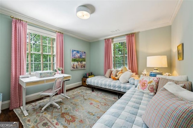 3086 Pine Valley Rd, Atlanta, GA 30305 - bedroom featuring crown molding, baseboards, and wood finished floors