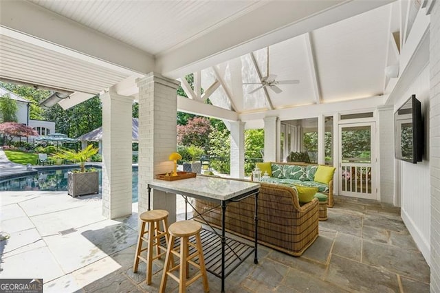 3086 Pine Valley Rd, Atlanta, GA 30305 - sunroom / solarium featuring a ceiling fan, an outdoor hangout area, and vaulted ceiling