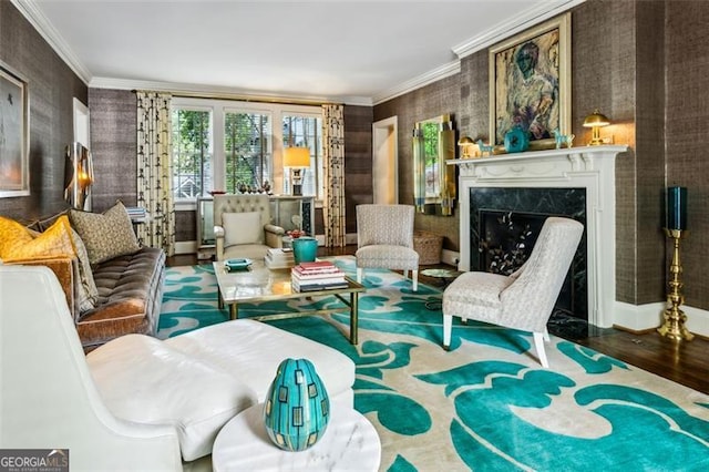 3086 Pine Valley Rd, Atlanta, GA 30305 - sitting room with ornamental molding, wood finished floors, baseboards, a fireplace, and wallpapered walls