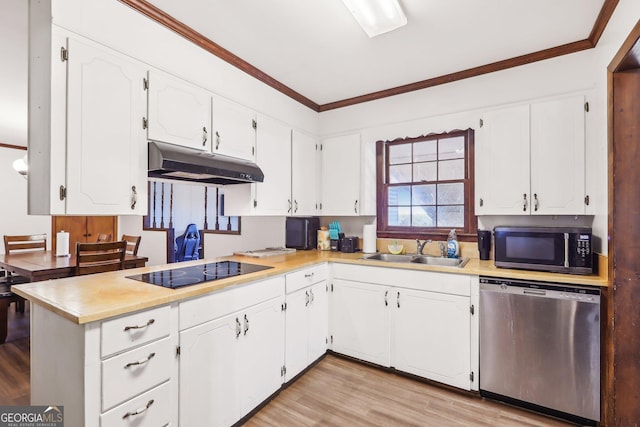 1240 C M Copelan Rd, Madison, GA 30650 - kitchen featuring dishwasher, under cabinet range hood, a sink, black electric stovetop, and ornamental molding