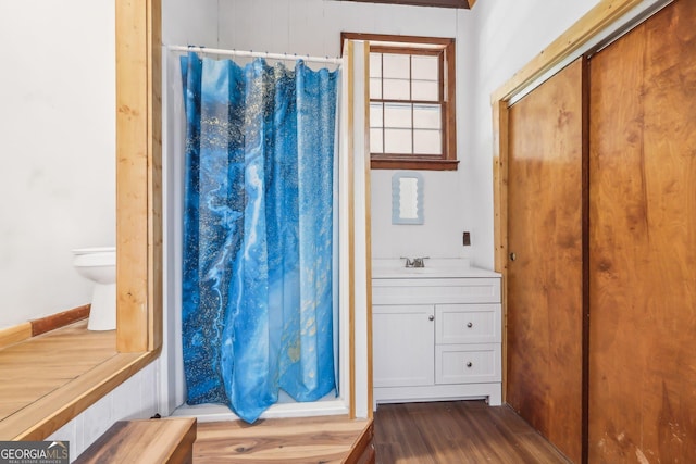 1240 C M Copelan Rd, Madison, GA 30650 - bathroom featuring wood finished floors, a shower with shower curtain, toilet, and vanity
