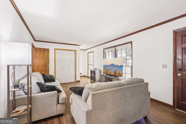 1240 C M Copelan Rd, Madison, GA 30650 - living room with crown molding, dark wood-style flooring, and baseboards