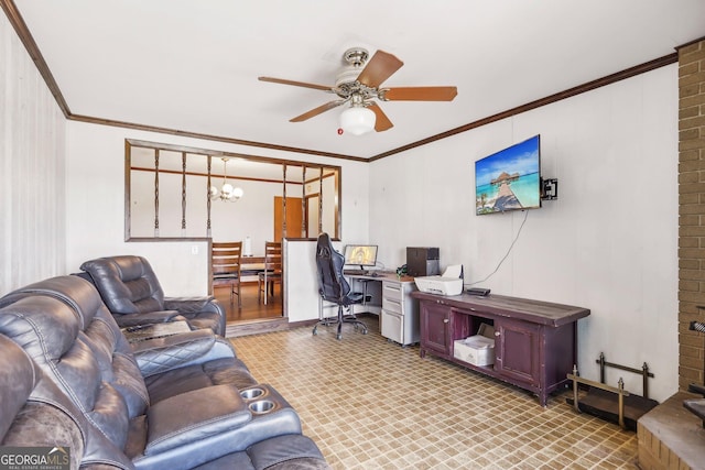 1240 C M Copelan Rd, Madison, GA 30650 - office area featuring a ceiling fan, a chandelier, and ornamental molding