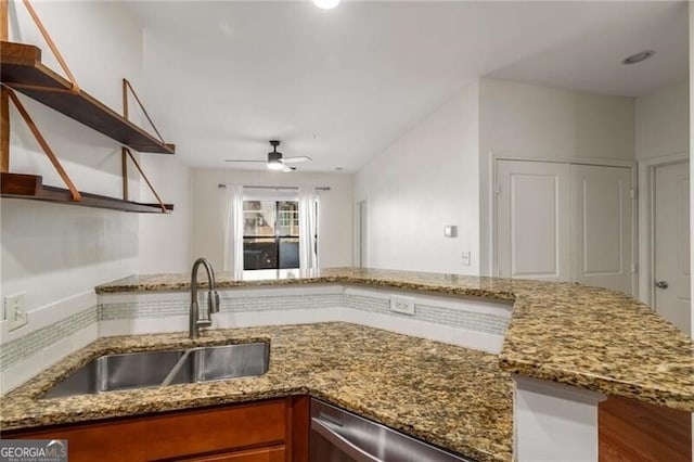 821 Ralph Mcgill Blvd NE Unit 2113, Atlanta, GA 30306 - kitchen with a ceiling fan, stone countertops, brown cabinetry, a sink, and open shelves
