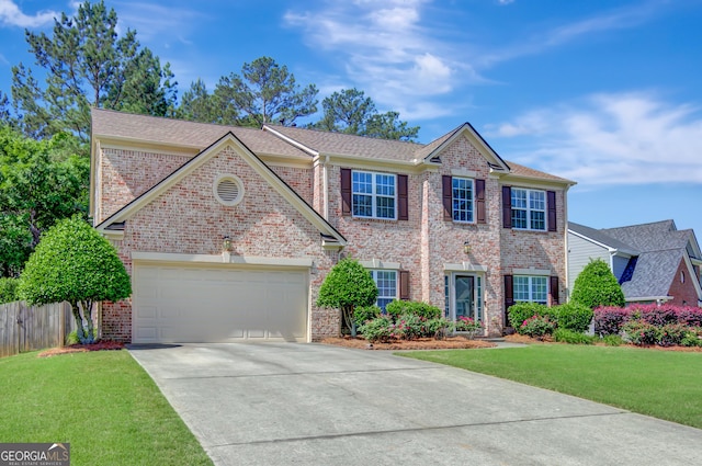 view of front of house with brick siding, driveway, an attached garage, and roof with shingles
