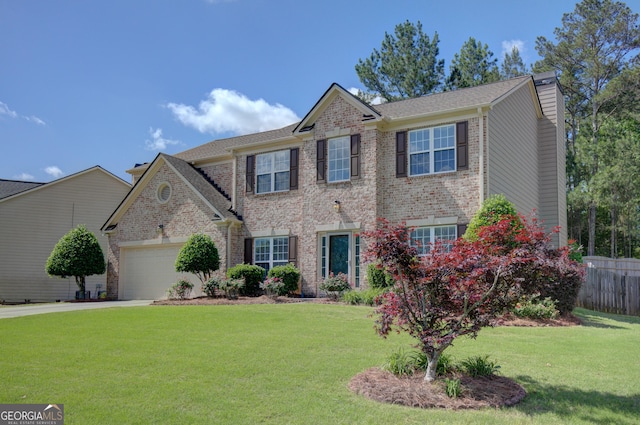 view of front of home with a garage, concrete driveway, brick siding, and a chimney