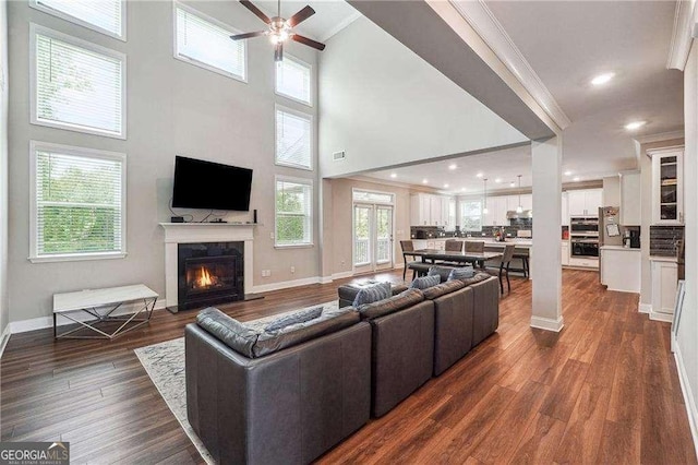 6375 Haystack Ct, Cumming, GA 30040 - living area with crown molding, ceiling fan, a glass covered fireplace, baseboards, and dark wood-style flooring