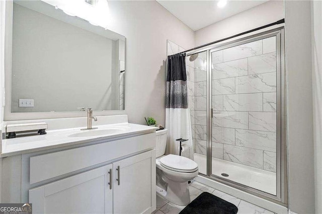 6375 Haystack Ct, Cumming, GA 30040 - bathroom featuring marble finish flooring, a stall shower, toilet, and vanity