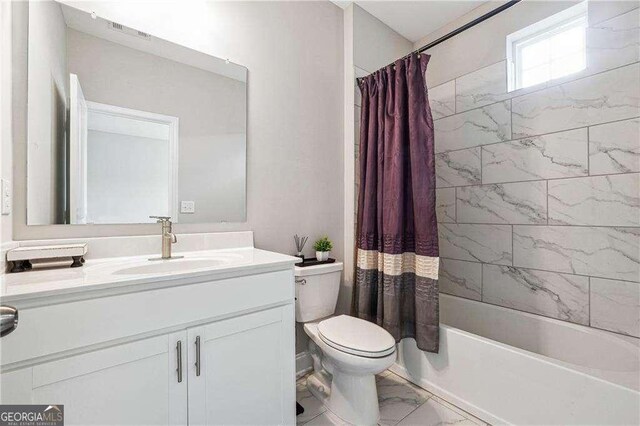 6375 Haystack Ct, Cumming, GA 30040 - full bath with toilet, marble finish floor, vanity, visible vents, and shower / bath combination with curtain