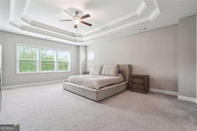 6375 Haystack Ct, Cumming, GA 30040 - bedroom with a raised ceiling, ornamental molding, carpet, baseboards, and ceiling fan