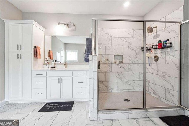 6375 Haystack Ct, Cumming, GA 30040 - bathroom with marble look tiles, a shower stall, vanity, and recessed lighting