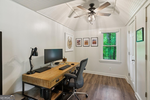 office space featuring lofted ceiling, dark wood-style flooring, baseboards, and ceiling fan