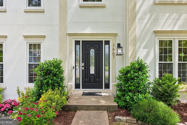 view of exterior entry featuring stucco siding