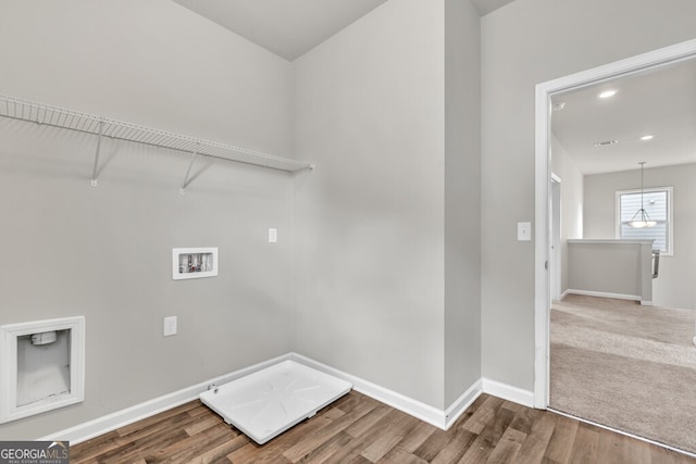 clothes washing area featuring hookup for a washing machine, baseboards, wood finished floors, and recessed lighting