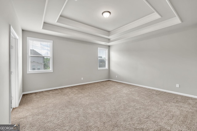 spare room featuring a tray ceiling, carpet floors, and baseboards
