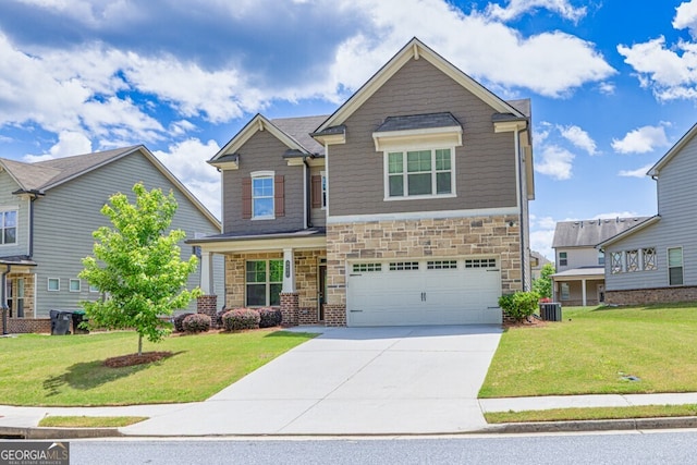 craftsman-style house featuring concrete driveway, an attached garage, a front lawn, and stone siding