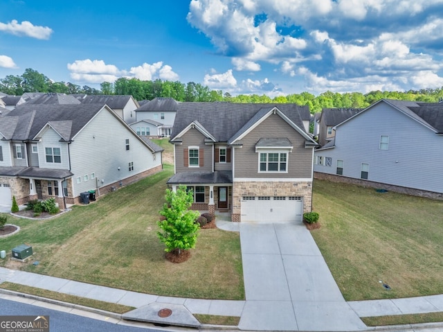 craftsman-style house with a garage, driveway, a residential view, stone siding, and a front lawn