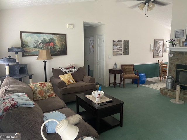 248 Fern Ct, Hampton, GA 30228 - living area with carpet flooring, vaulted ceiling, a fireplace, and ceiling fan
