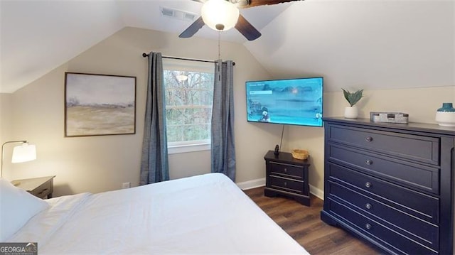 40 Luther Knight Rd, Cartersville, GA 30121 - bedroom featuring visible vents, baseboards, ceiling fan, vaulted ceiling, and dark wood-style floors