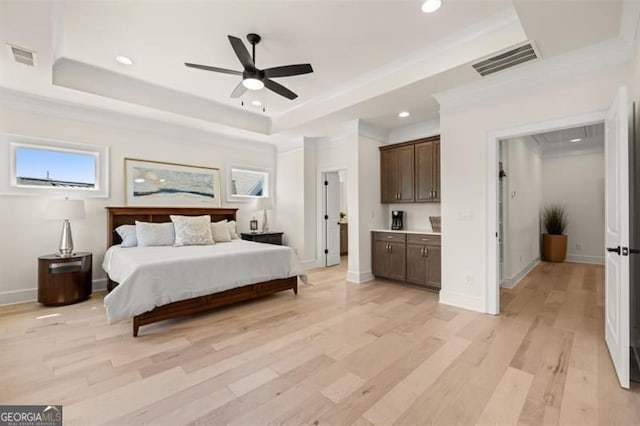 5247 Flannery Chase SW, Powder Springs, GA 30127 - bedroom featuring a tray ceiling, light wood-style flooring, recessed lighting, crown molding, and baseboards
