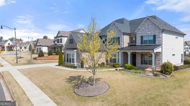 5247 Flannery Chase SW, Powder Springs, GA 30127 - craftsman inspired home featuring a residential view, a front lawn, stone siding, and a standing seam roof